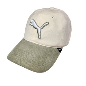 PUMA Corduroy Baseball Cap Two-Tone Cream Olive Green Embroidered Logo Dad Hat